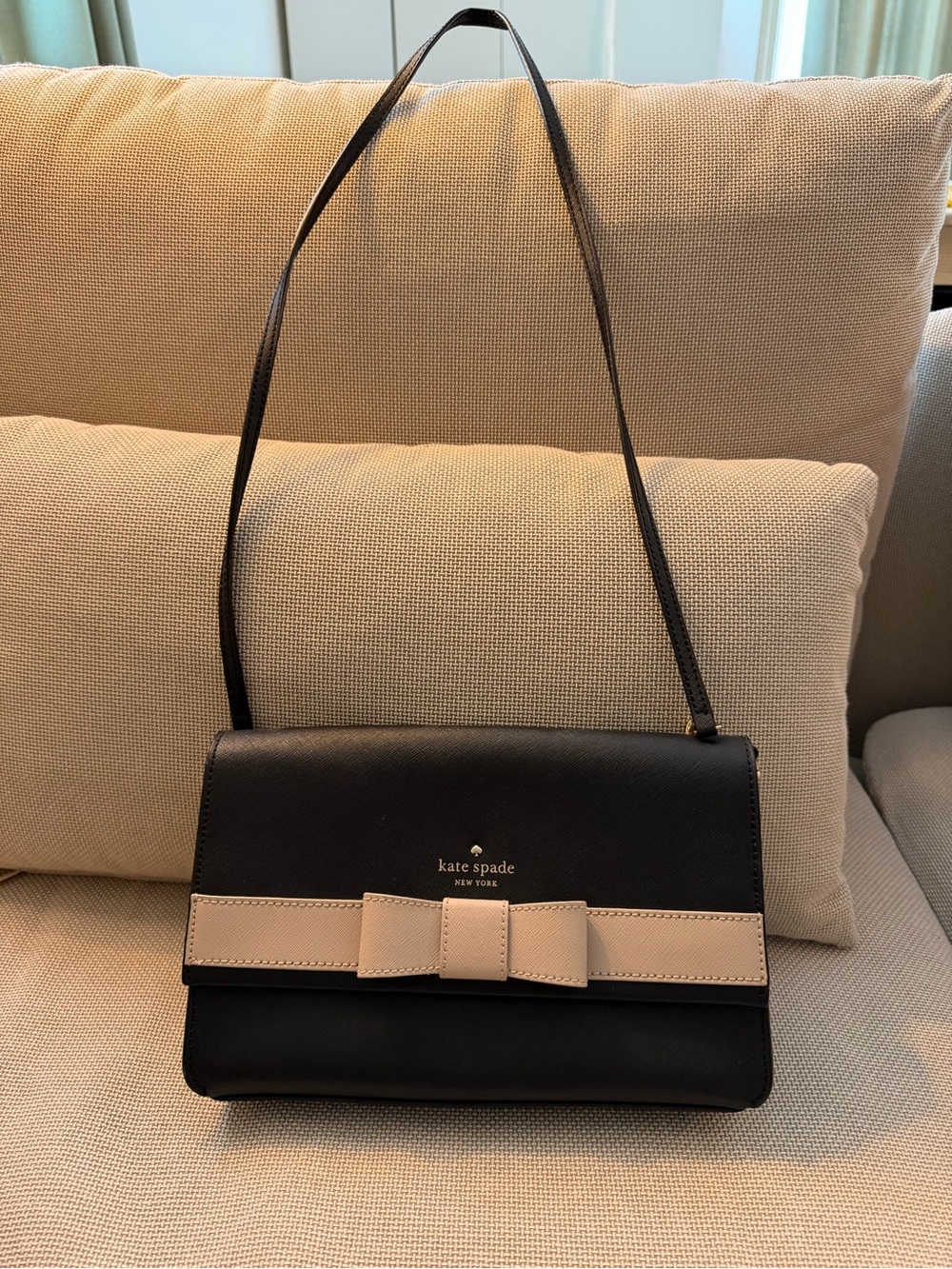 kate spade Black Shoulder Bag with Beige Bow Trim
